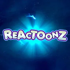 Portada del juego Reactoonz: fondo espacial azul luminoso con el logotipo del juego