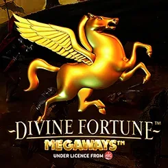 Portada del juego Divine Fortune Megaways: Pegaso dorado con alas sobre fondo oscuro