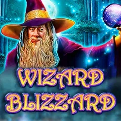 Portada del juego Wizard Blizzard: mago de barba blanca con sombrero puntiagudo y esfera mágica en un bosque nevado